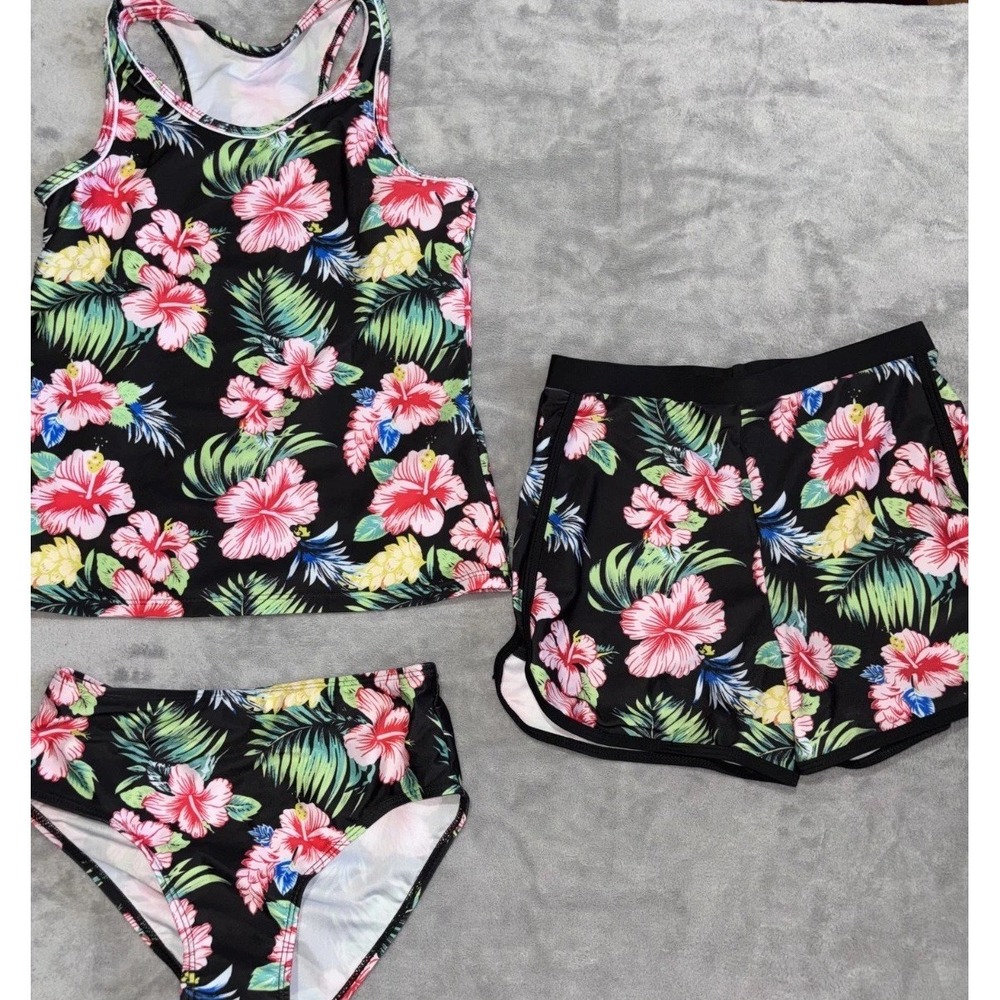 Girls 3-Piece Tankini Set Swimsuit 13Y Black Tropical Print Stretch Summer Beach
